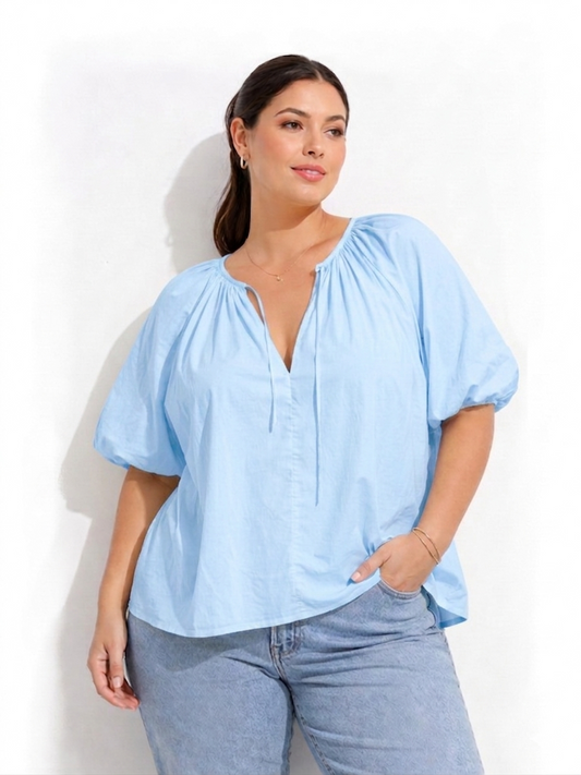 Puff Sleeve Peasent Top - Light Blue