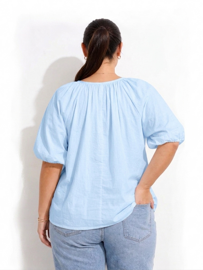 Puff Sleeve Peasent Top - Light Blue