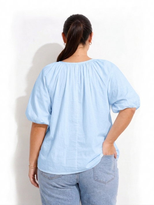 Puff Sleeve Peasent Top - Light Blue