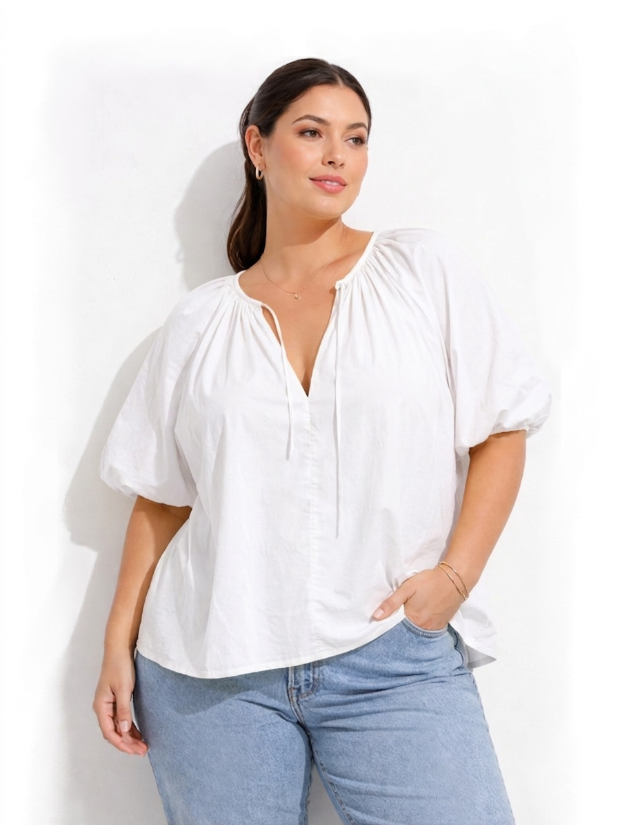 Puff Sleeve Peasent Top - White