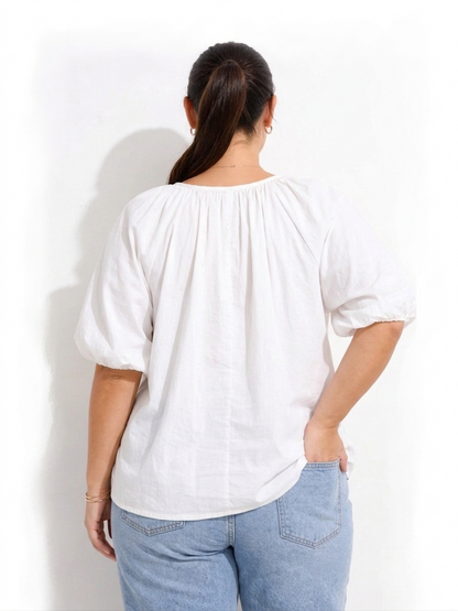 Puff Sleeve Peasent Top - White