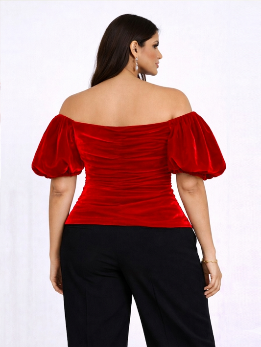 Velvet Off-Shoulder Puff Sleeve Top - Red