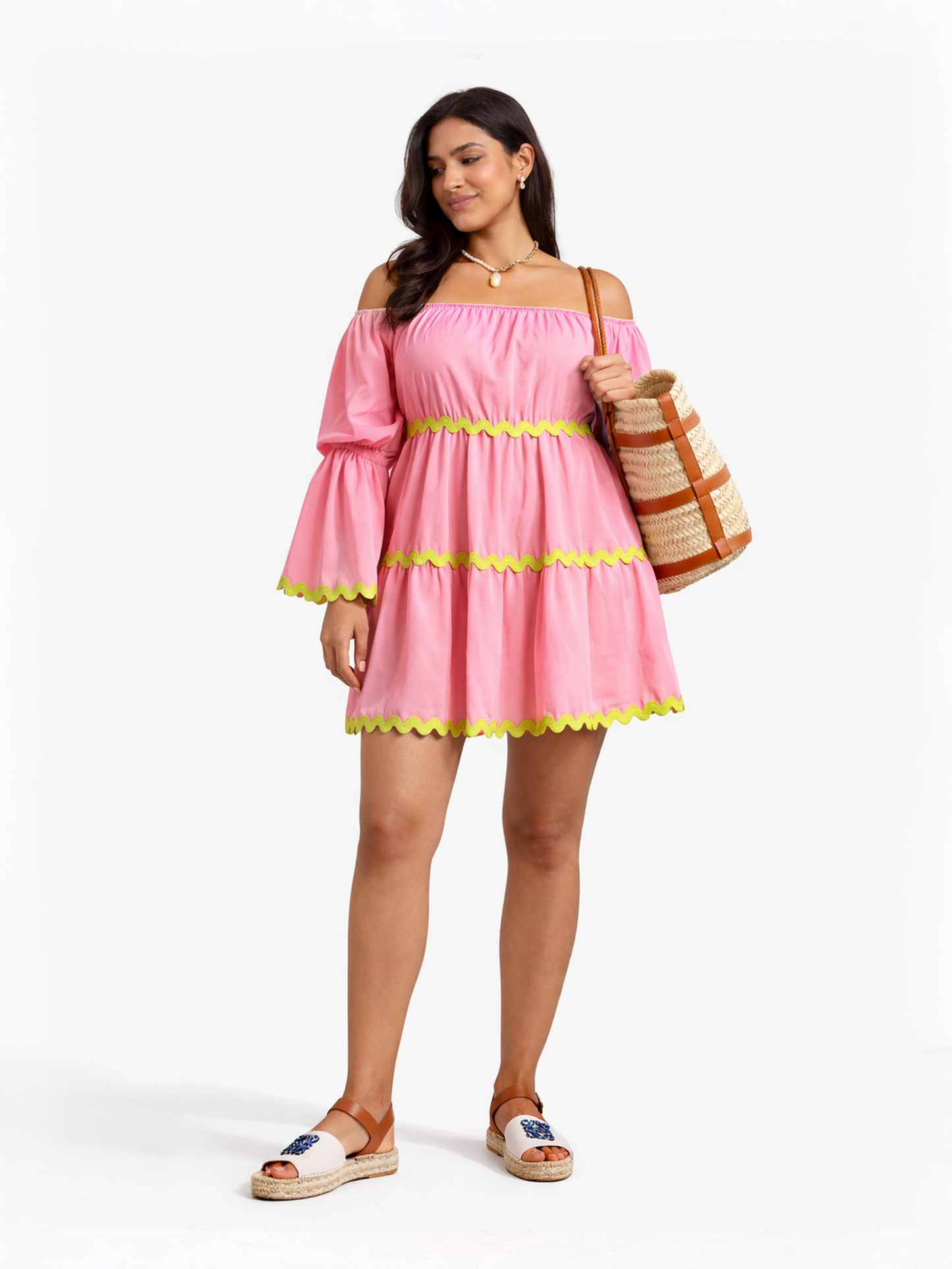 Off-Shoulder Beach Dress   - Pink