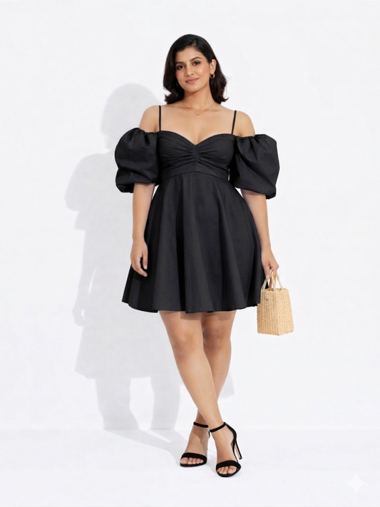 Luna Puff Mini Dress - Black