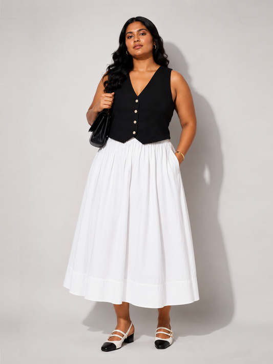 Gathered Midi Skirt -  White