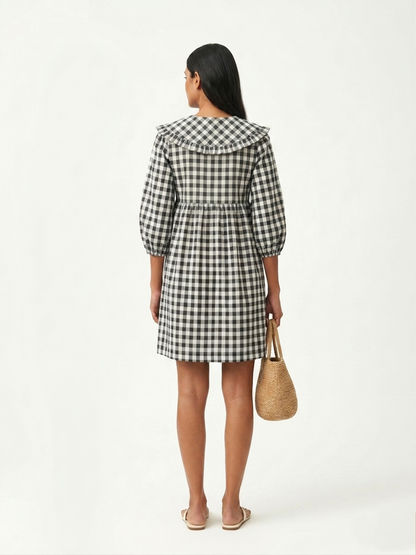Gingham A Line Short Dress - Black