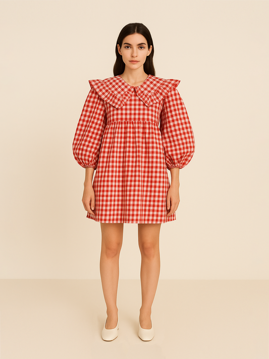 Gingham A Line Short Dress - Red