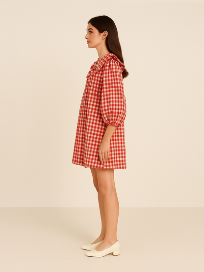 Gingham A Line Short Dress - Red