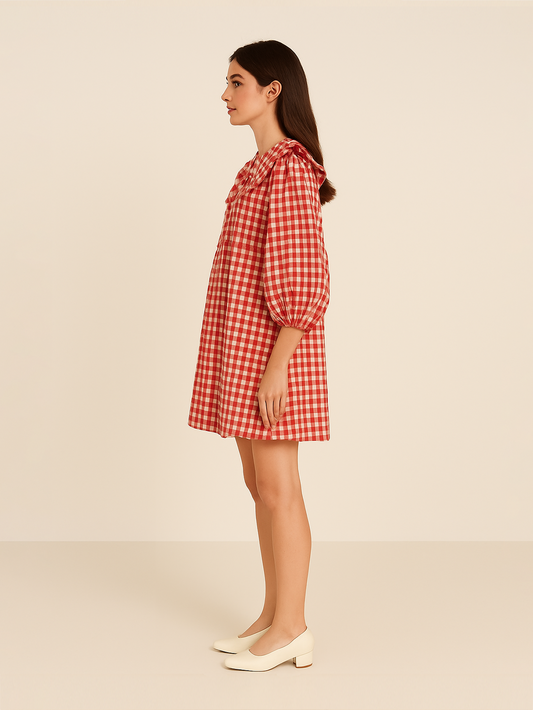 Gingham A Line Short Dress - Red