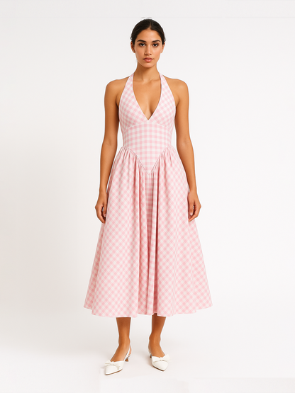 Gingham Gatherd Victoria Dress- Pink