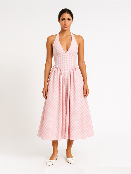 Gingham Gatherd Victoria Dress- Pink