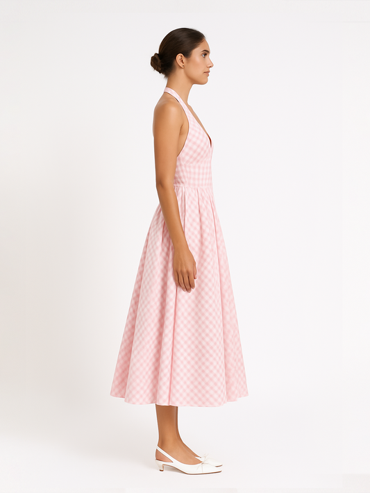 Gingham Gatherd Victoria Dress- Pink
