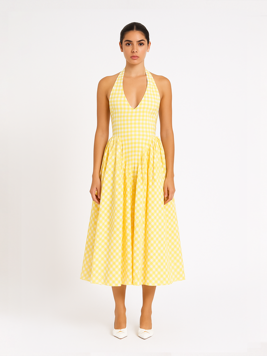 Gingham Gatherd Victoria Dress- Yellow