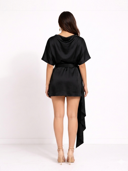 Satin Tie-Up Mini Dress - Black