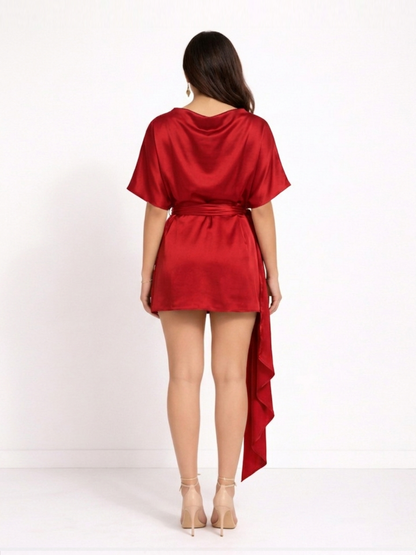 Satin Tie-Up Mini Dress - Red
