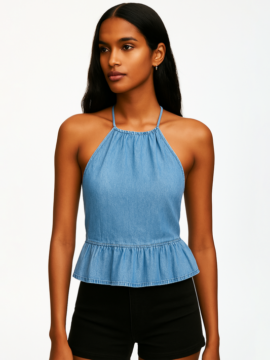 Halter Neck Gathered Top- Denim