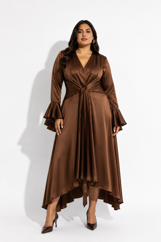 Vesper Satin Flare Dress - Brown