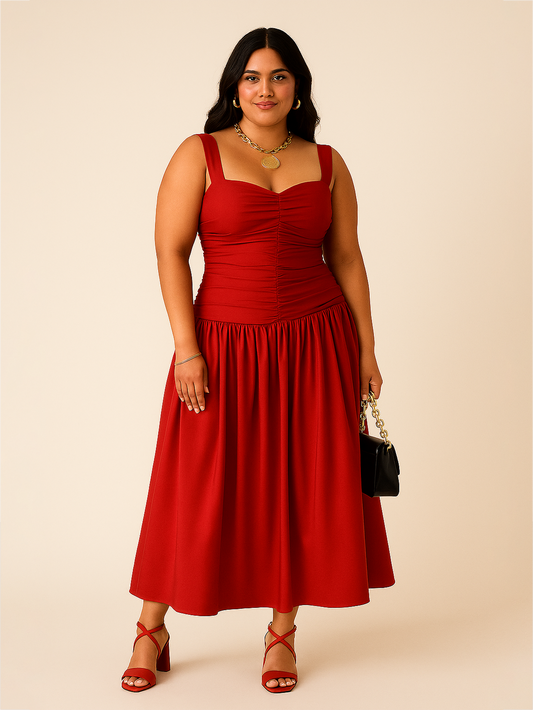 Gathered Fit and Flare Dress- Red