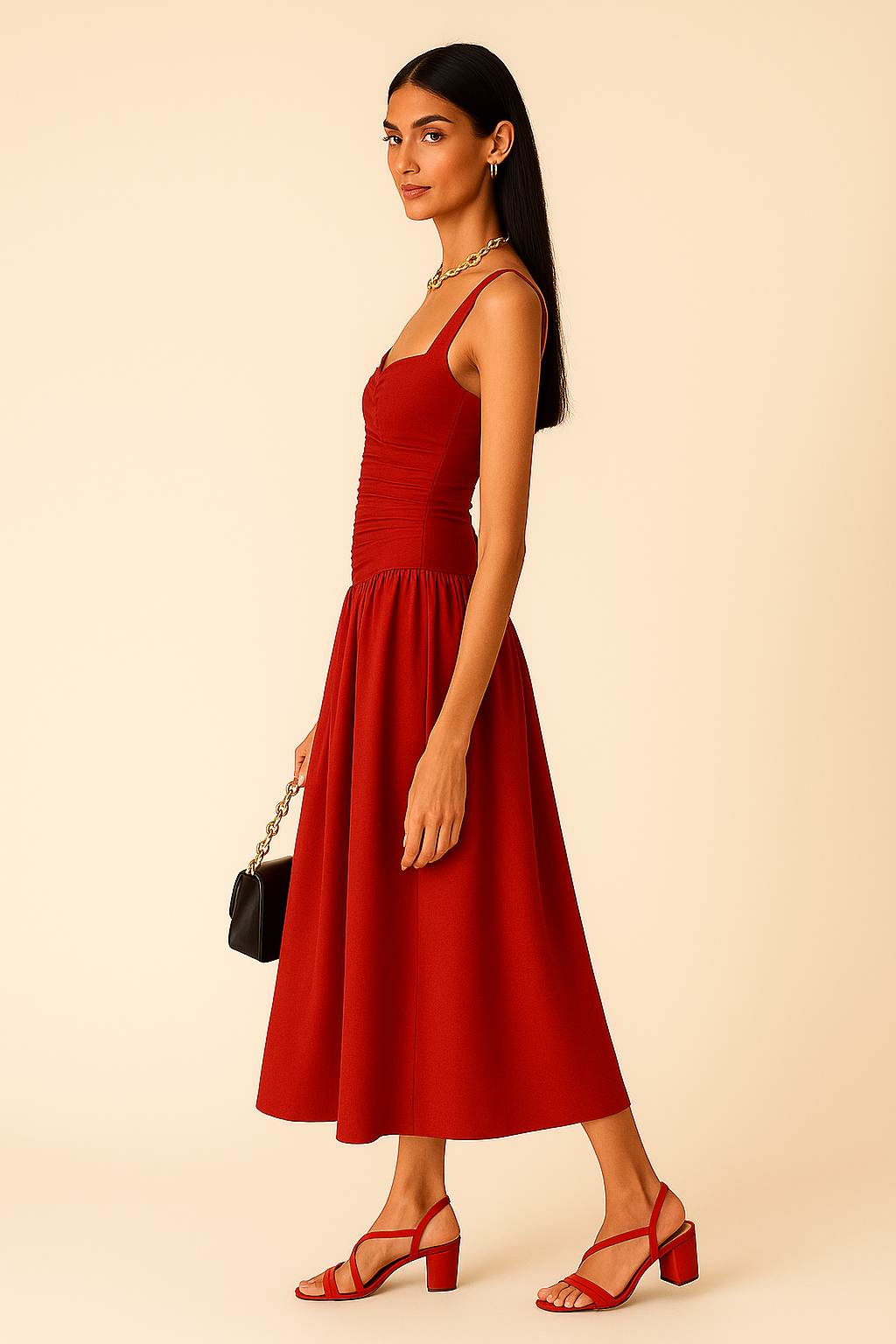 Gathered Fit and Flare Dress- Red