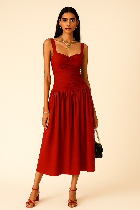 Gathered Fit and Flare Dress- Red