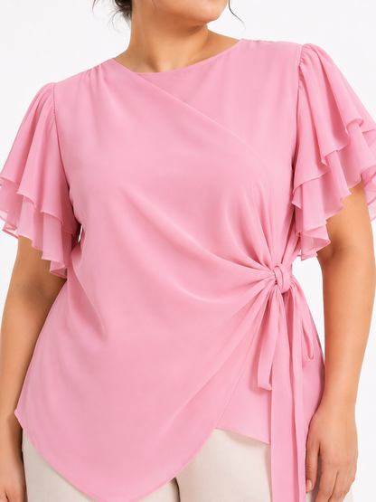 Flutter Sleeve Wrap Tie Top - Pink
