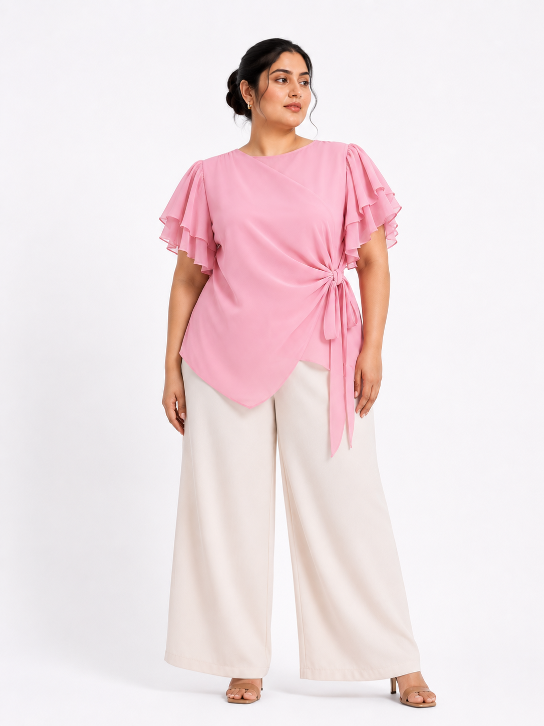 Flutter Sleeve Wrap Tie Top - Pink