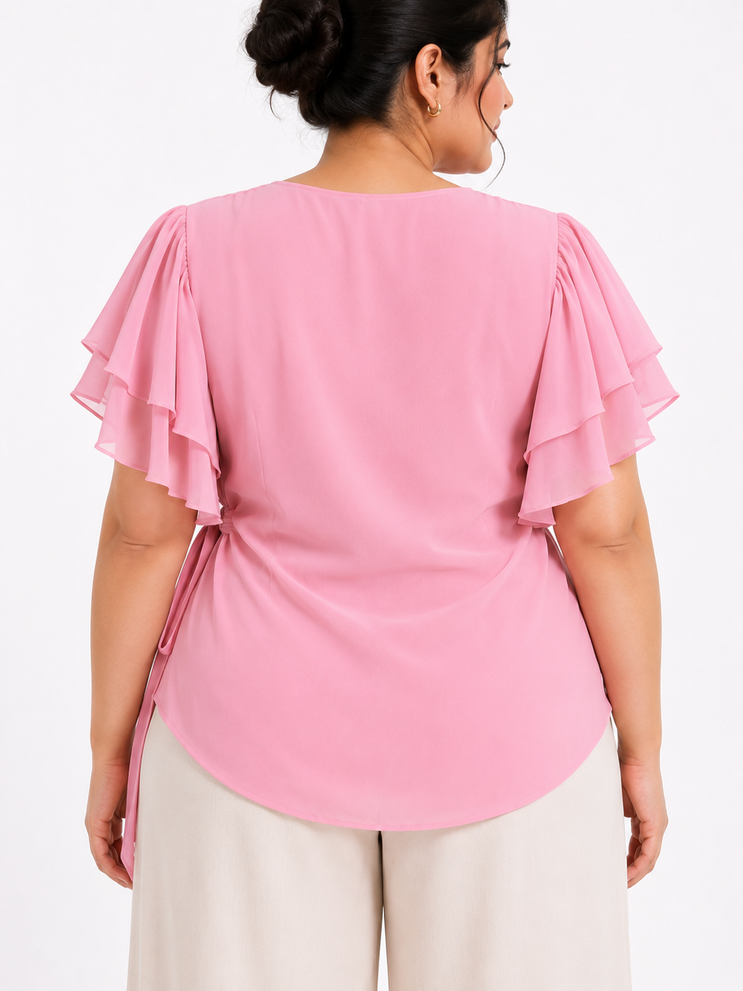 Flutter Sleeve Wrap Tie Top - Pink