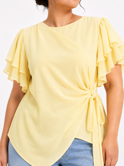 Flutter Sleeve Wrap Tie Top - Yellow