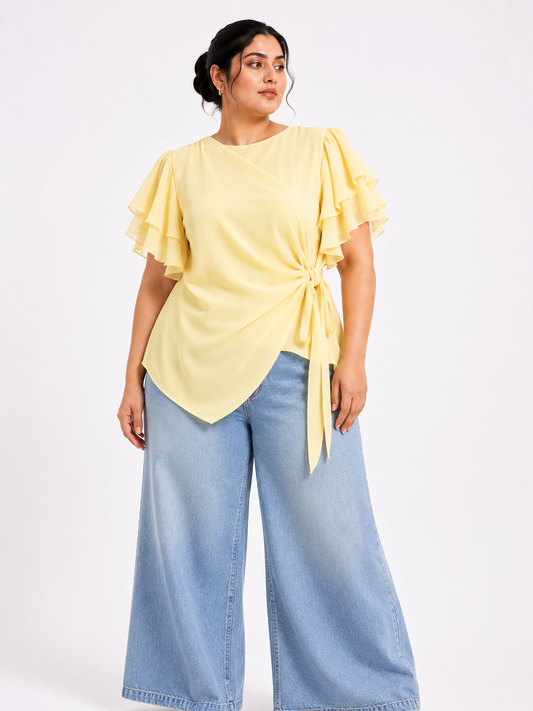 Flutter Sleeve Wrap Tie Top - Yellow