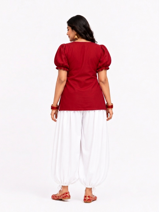 Tara Short Kurti & Balloon Pants Set- Red