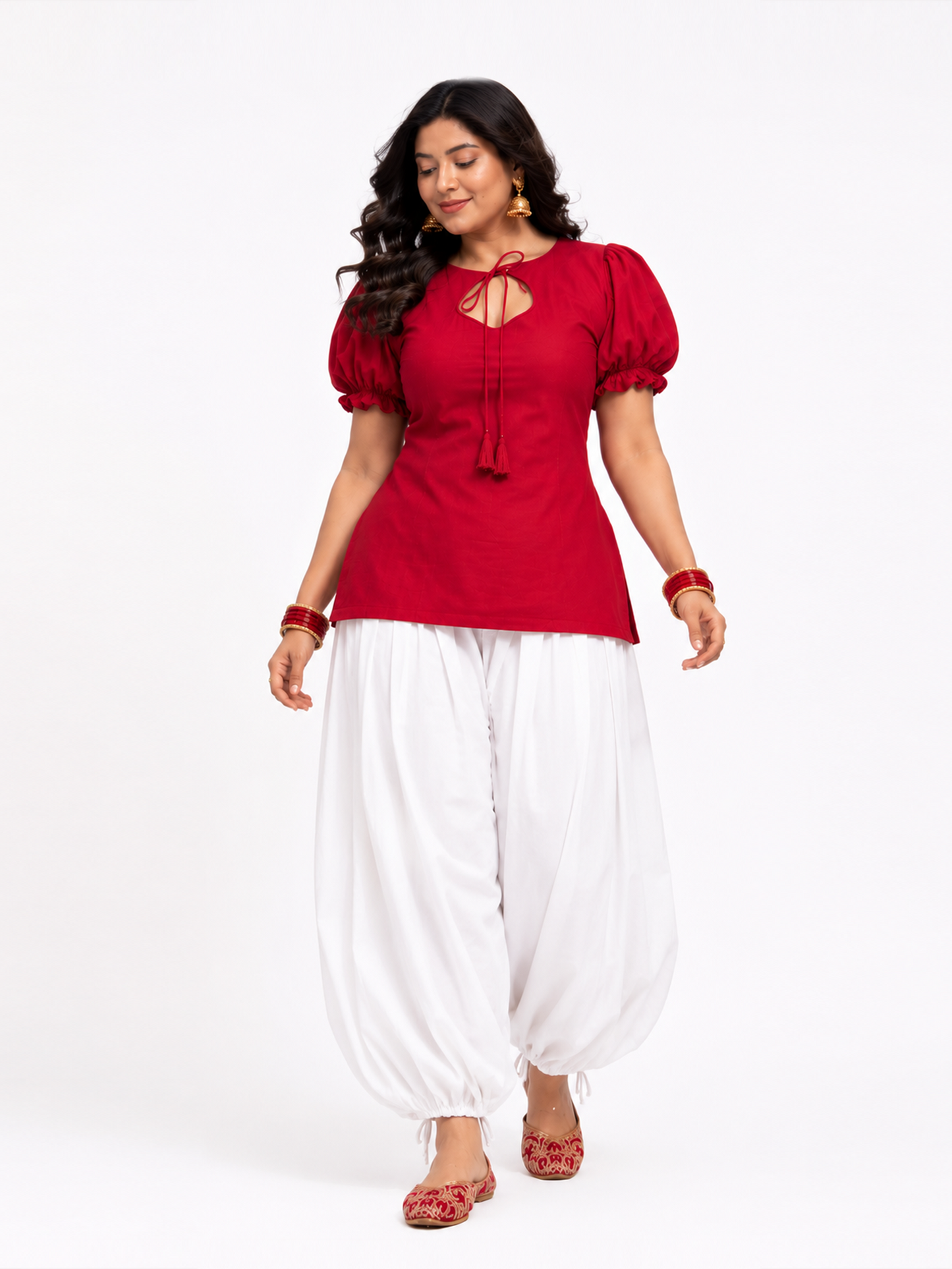 Tara Short Kurti & Balloon Pants Set- Red