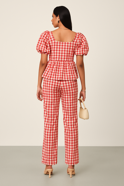 Red Gingham Puff Sleeve Top