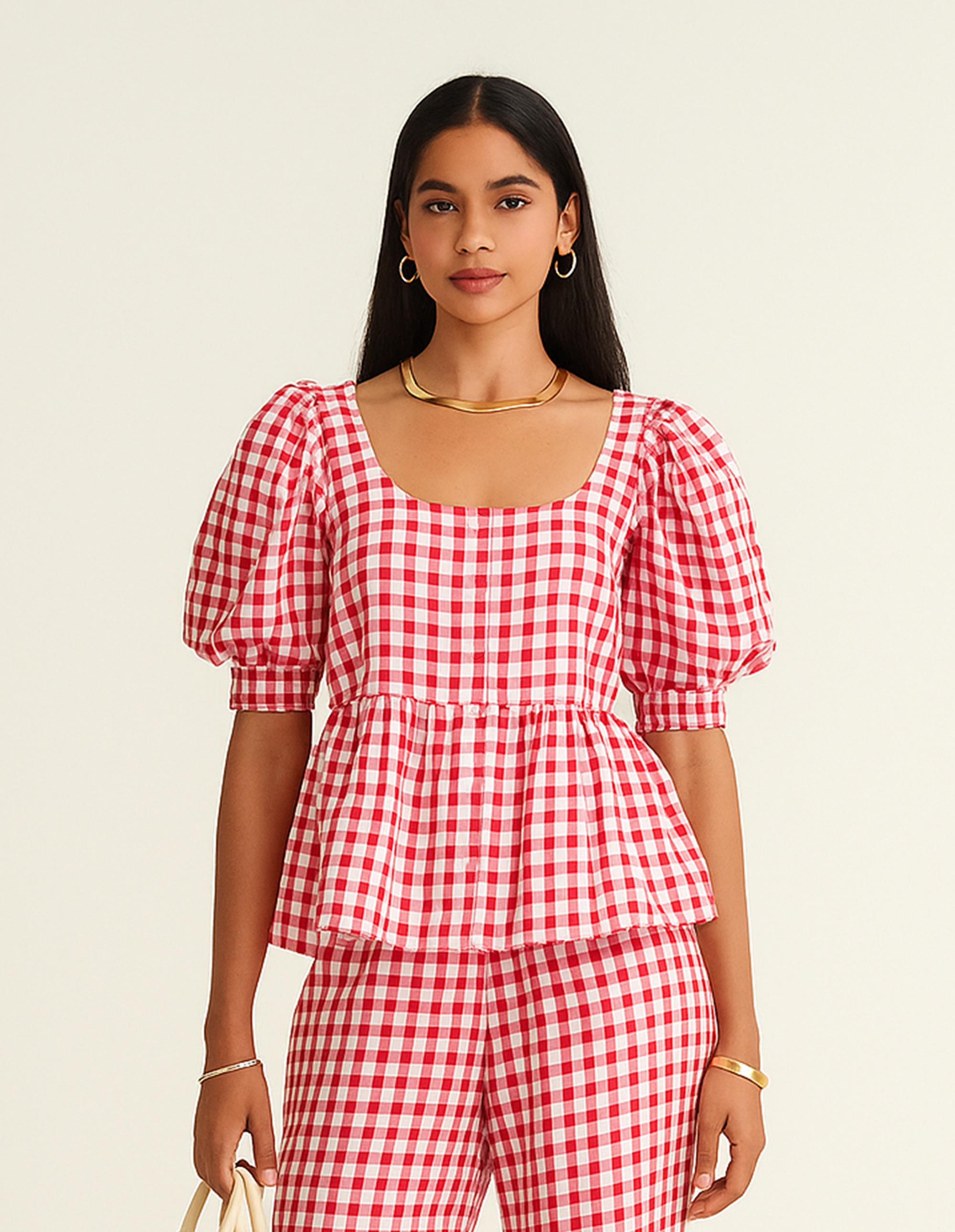 Red Gingham Puff Sleeve Top by Backup Studio