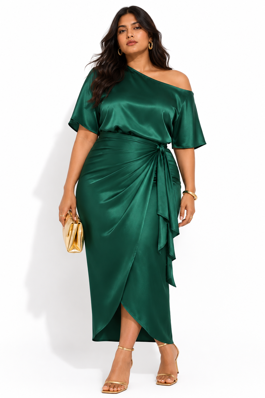 Satin Wrap Skirt Co-Ord Set - Emerald