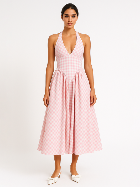Gingham Gatherd Victoria Dress- Pink