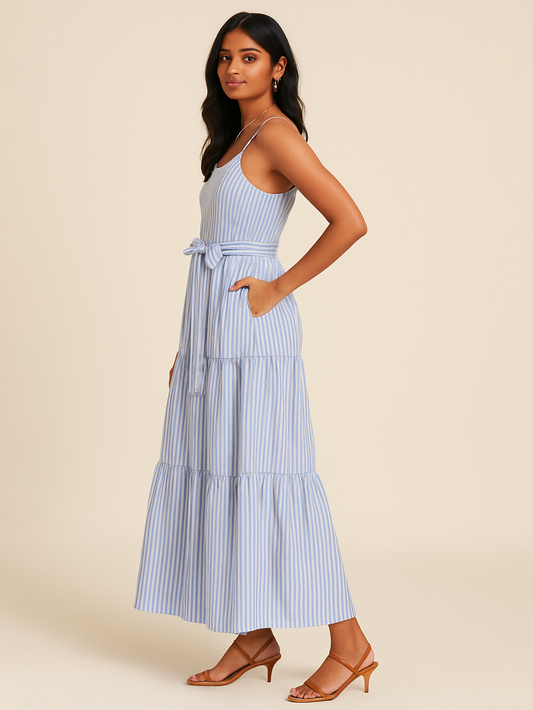 Blue Stripes Tiered Maxi Dress