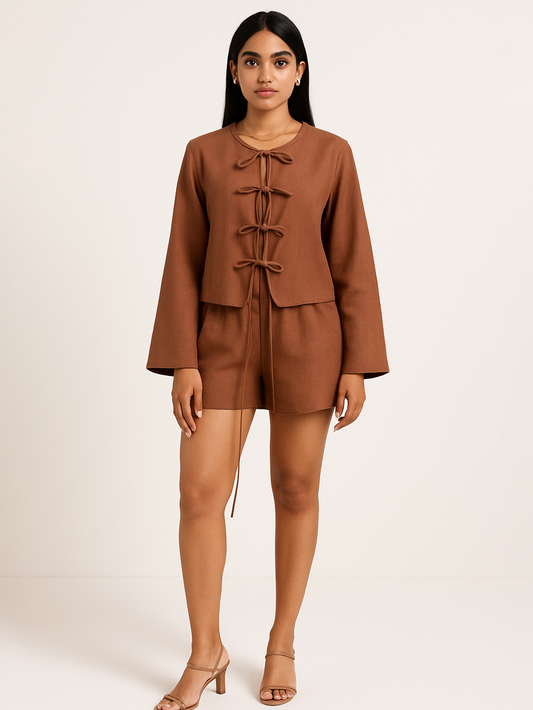 Tan Bows Top Co-ord Set