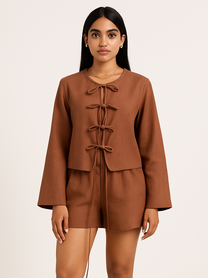 Tan Bows Top Co-ord Set