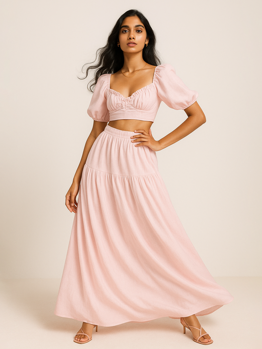 Pink Crop top and Maxi Skirt Set