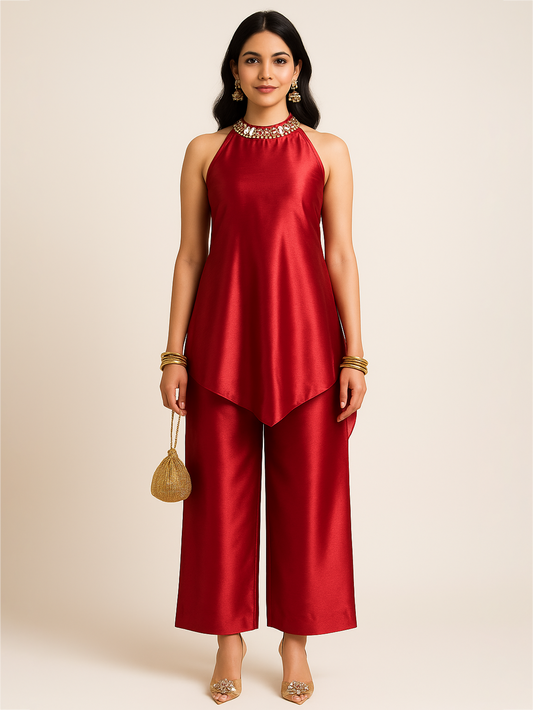 Halter Neck Ethnic Co-ord - Red