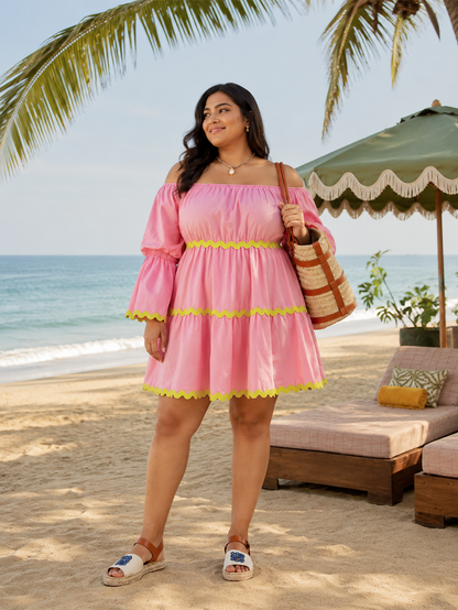 Off-Shoulder Beach Dress   - Pink