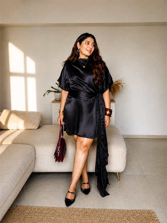 Satin Tie-Up Mini Dress - Black