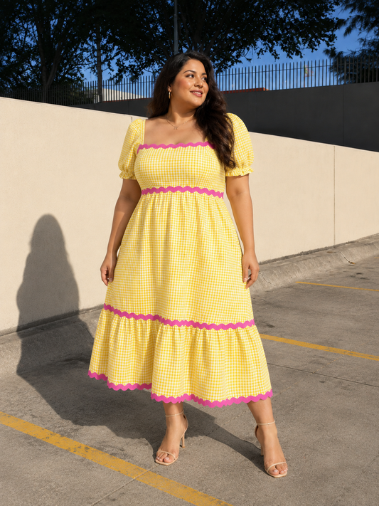 Gingham Scallop Midi Dress - Yellow