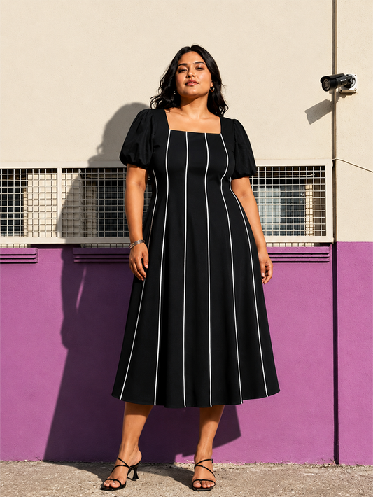 Square Neck Fit & Flare Dress - Black