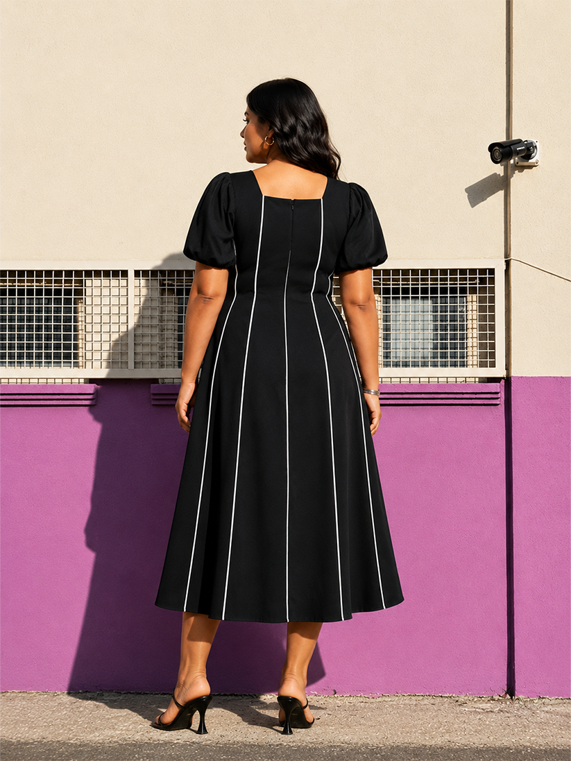 Square Neck Fit & Flare Dress - Black