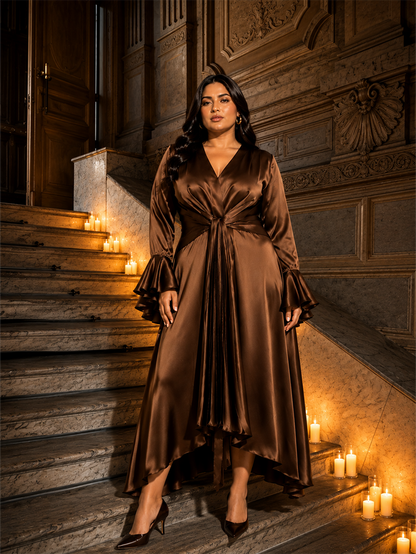 Vesper Satin Flare Dress - Brown