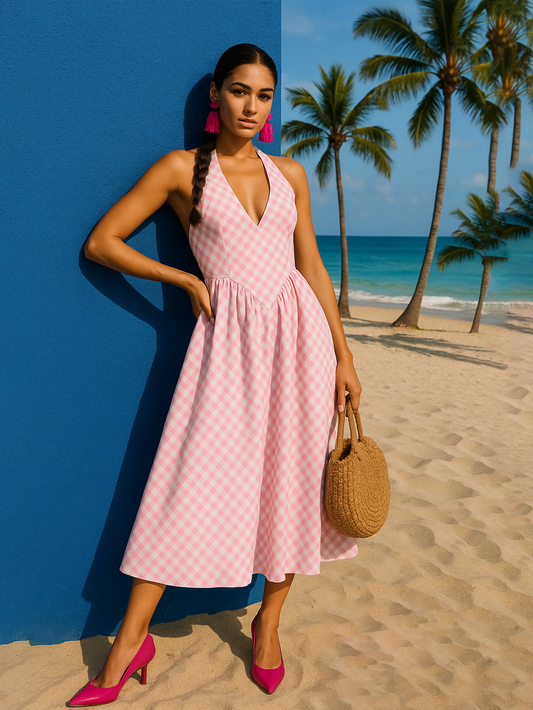 Gingham Gatherd Victoria Dress- Pink