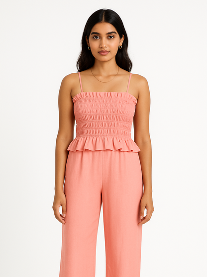 Ruched Noodle Strap Top- Pink