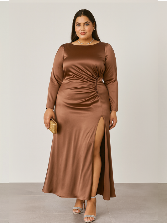 Ilana Gathered Full Sleeves Maxi Dress- Tan