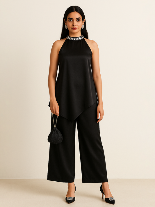 Halter Neck Ethnic Co-ord - Black